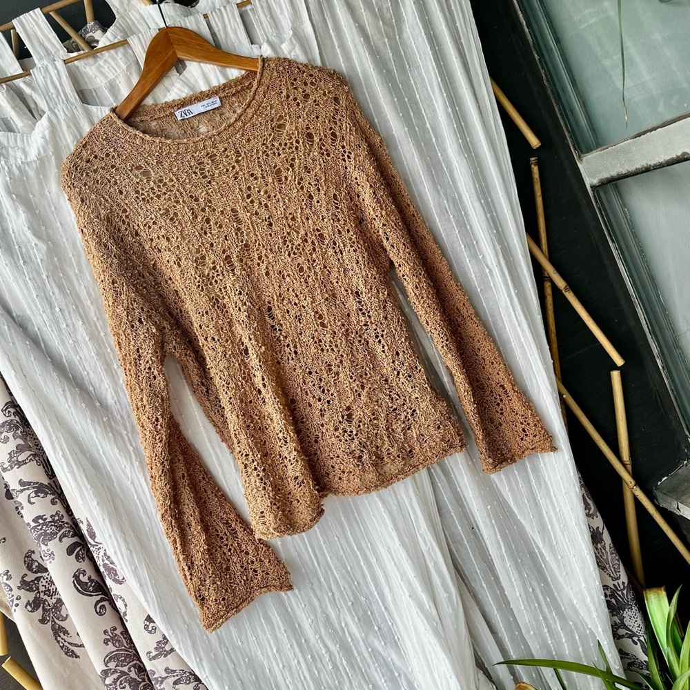 Zara Tan Open-Knit Pullover